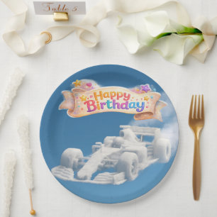 Happy birthday racing car cloud 22.9 cm round pape paper plate