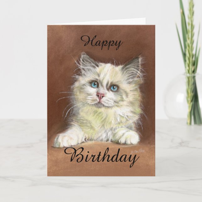 Happy Birthday Ragdoll Kitten Art Card (Front)