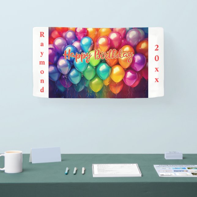 Happy Birthday Rainbow Balloons Personalized Name  Banner (Tradeshow)