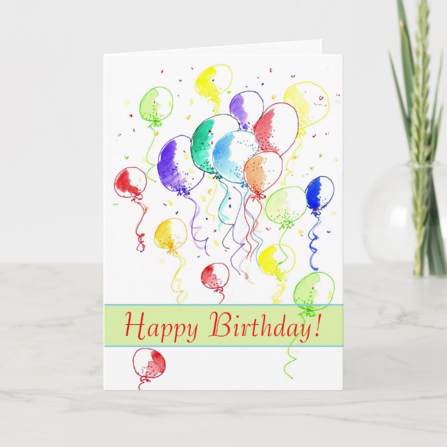 Happy Birthday Rainbow Balloons Watercolor Card (Front)