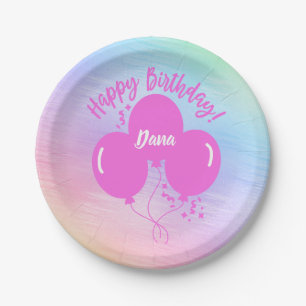 Happy Birthday Rainbow Blue Balloons Personalized Paper Plate