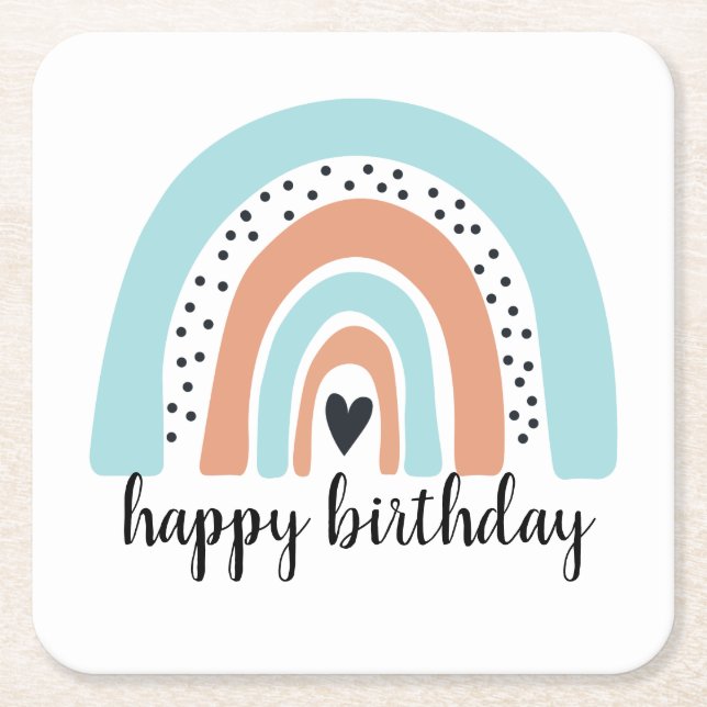 Happy Birthday Rainbow Blue Peach Square Paper Coaster (Front)