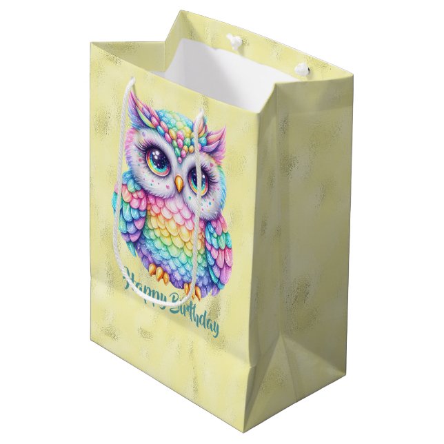 Happy Birthday Rainbow Colour Owl on Shiny Lemon Medium Gift Bag (Front Angled)
