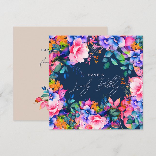 Happy Birthday Rainbow Garden Floral Navy  Card (Front/Back)