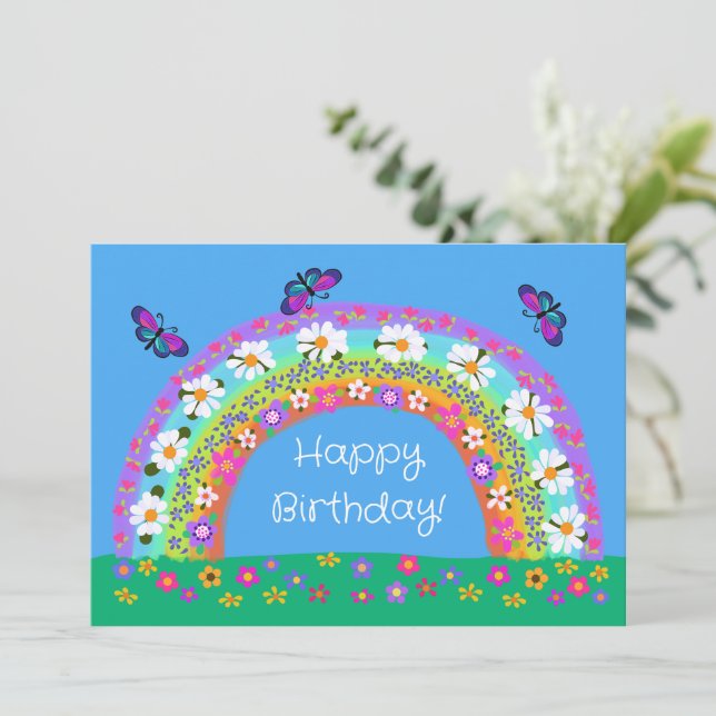 Happy Birthday Rainbow of Flowers Butterflies (Standing Front)
