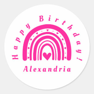 Happy Birthday Rainbow Personalized Hot Pink Classic Round Sticker