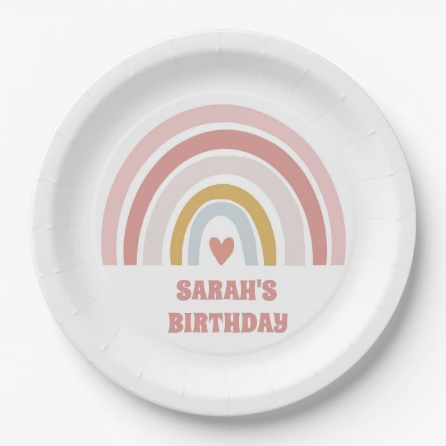 happy birthday rainbow pink custom name party  paper plate (Front)