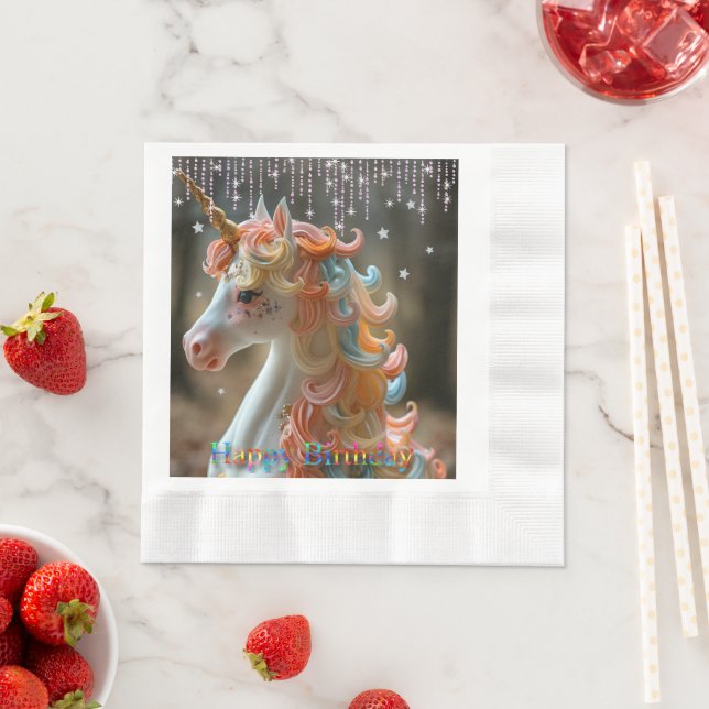 Happy Birthday Rainbow Unicorn Cake Stars Glitter Napkin (Insitu)