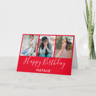 Happy Birthday Red and White 3 Photo Collage Card