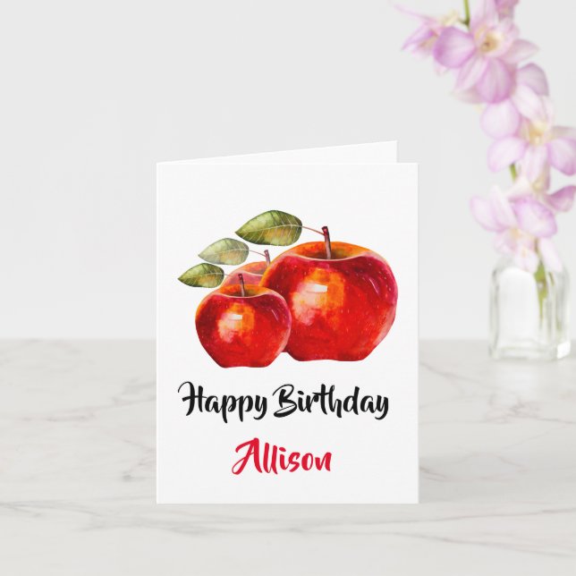 Happy Birthday Red Apple Watercolor Card (Orchid)