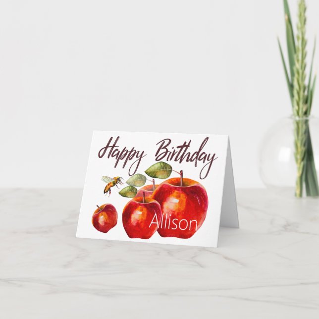 Happy Birthday Red Apple Watercolor  Card (Front)