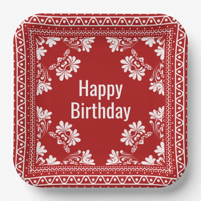 Happy Birthday Red Bandana  Paper Plate (Front)