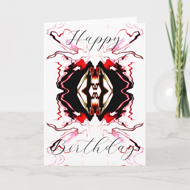 Happy Birthday Red Black White Abstract Flower  Card (Front)