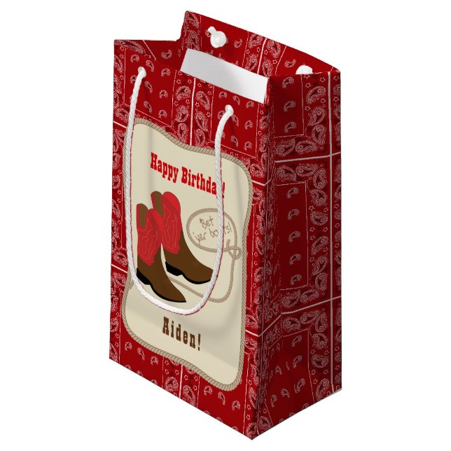 Happy Birthday Red Cowboy Boots & Bandana Small Gift Bag (Front Angled)