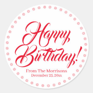 Happy Birthday red custom script name favours Classic Round Sticker