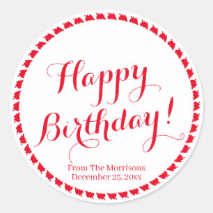 Happy Birthday red hearts custom script name Classic Round Sticker
