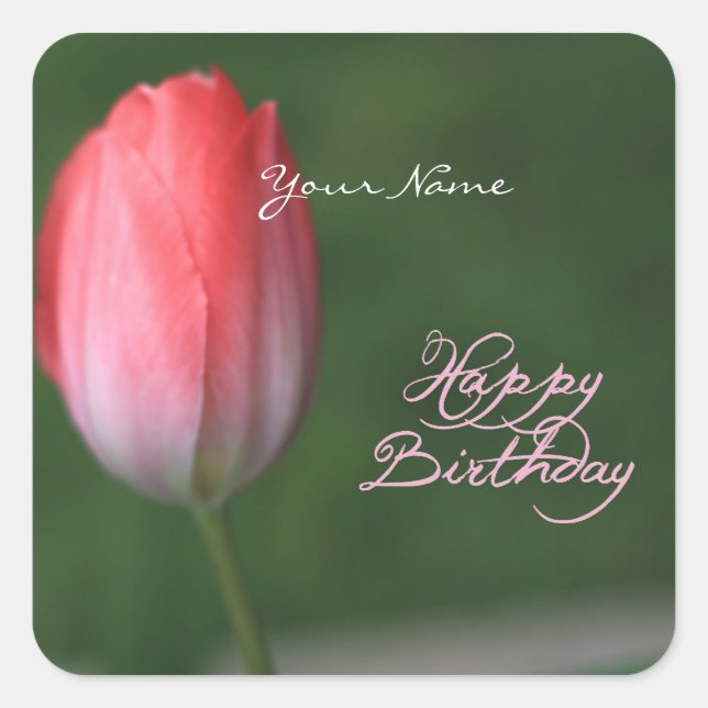 happy birthday red tulip flower square sticker (Front)
