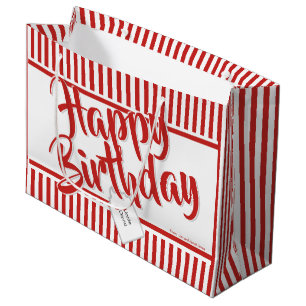 Happy Birthday Red/White Simple Stripes Pattern Large Gift Bag