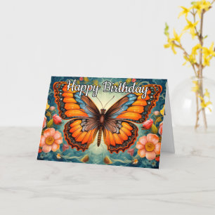 Happy Birthday   Retro Butterfly Illustration Card