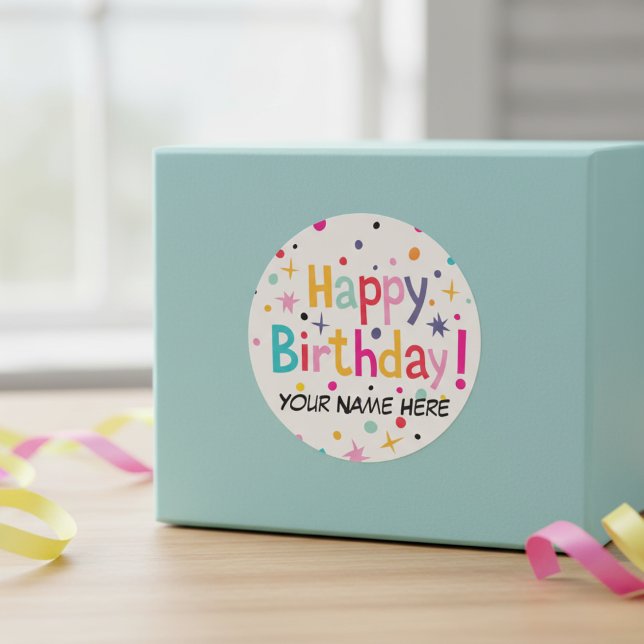 Happy Birthday Retro Customizable Classic Round Sticker (Customizable Classic Round Sticker)