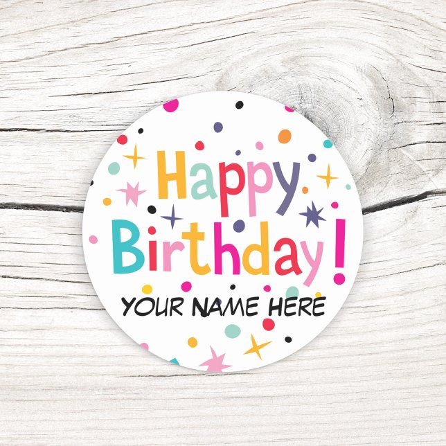 Happy Birthday Retro Customizable Classic Round Sticker (Add a name to these colorful retro birthday stickers.)