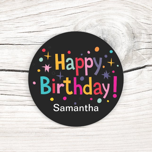 Happy Birthday (Retro) Personalized Round Sticker  (Add a bold pop of color to every birthday gift.)