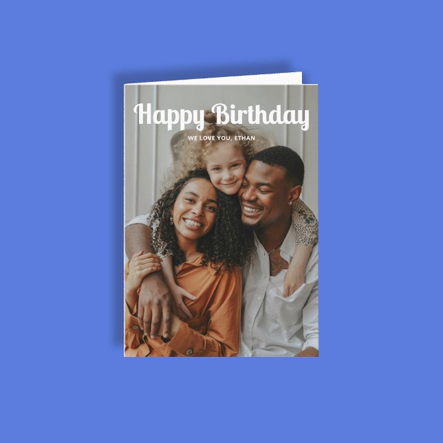 Happy Birthday Retro Script 3 Photo Card (Creator Uploaded)
