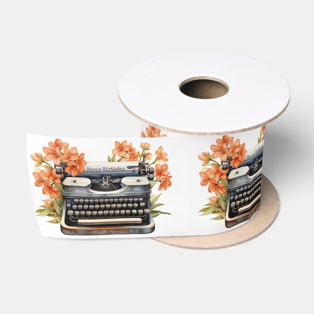 Happy Birthday Retro Typewriter Satin Ribbon (Spool)
