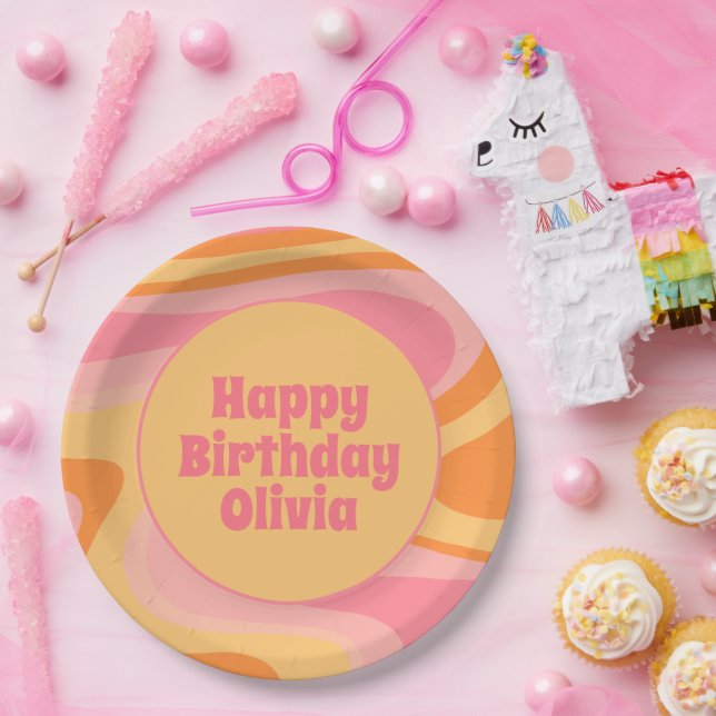 Happy Birthday Retro Vibe Abstract Swirl 60s 70s Paper Plate (Party)