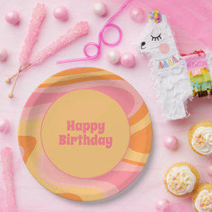 Happy Birthday Retro Vibe Abstract Swirl 60s 70s Paper Plate