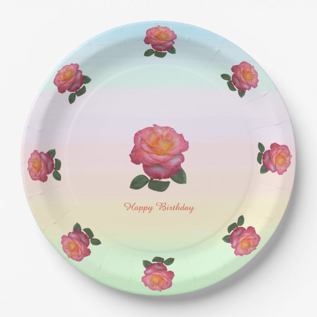 Happy Birthday Rose Flowers Paper Plate (Front)