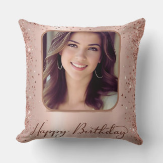 Happy Birthday Rose Gold Glitter & Sparkle Custom  Throw Pillow