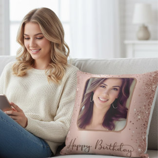Happy Birthday Rose Gold Glitter & Sparkle Custom  Throw Pillow