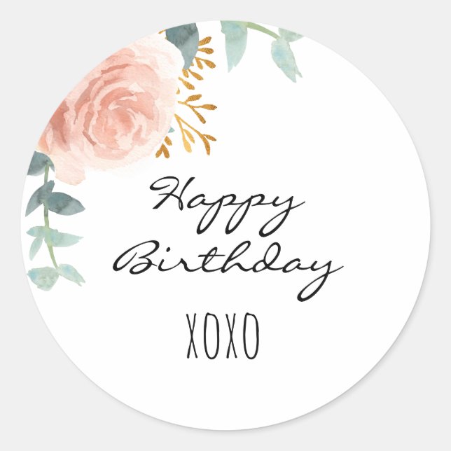 Happy Birthday rose gold pink floral eucalyptus Classic Round Sticker (Front)
