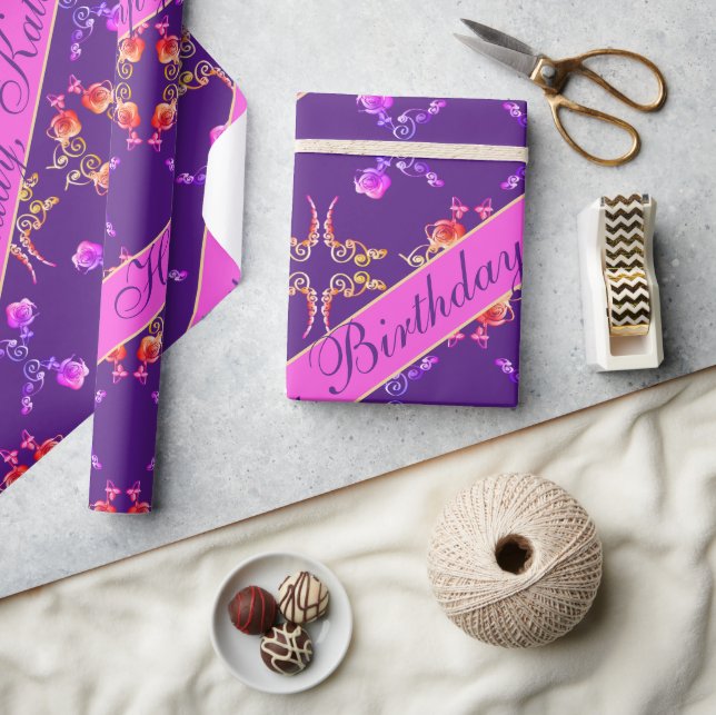 "Happy Birthday" Rose Hearts on Purple Wrapping Paper (Crafts)