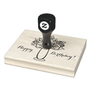 Happy Birthday, Rose Vase, 4" x 5" Rubber Stamp