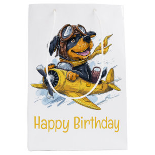 Happy Birthday Rottweiler Dog Pilot Airplane Medium Gift Bag