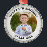 Happy Birthday Round Photo White Metal Ornament<br><div class="desc">Create your own personalized white border round premium Christmas ornament remembering a special birthday. Customize the solid white background colour or the black text colour to match your photo. If you change the font type or size, you can fine tune the curvature of the text in small increments. Have fun...</div>