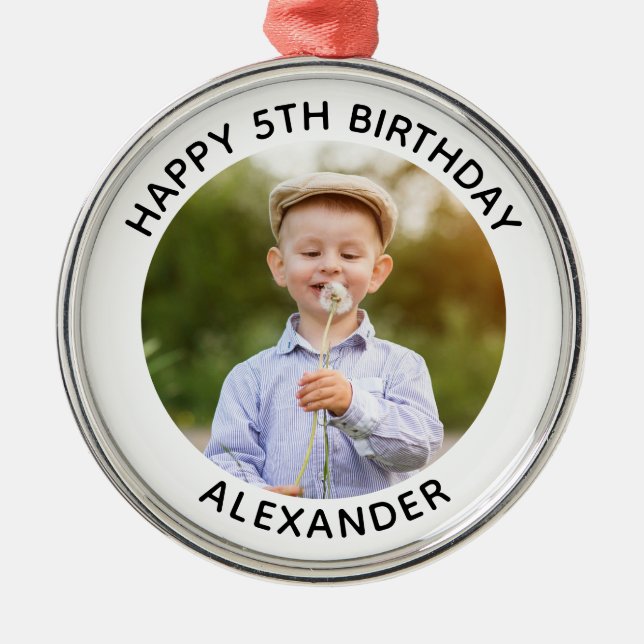 Happy Birthday Round Photo White Metal Ornament (Front)