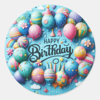 Happy Birthday Round Sticker – Colourful Balloons