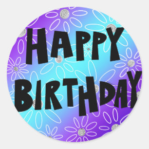 Happy Birthday Round Sticker with Flowers