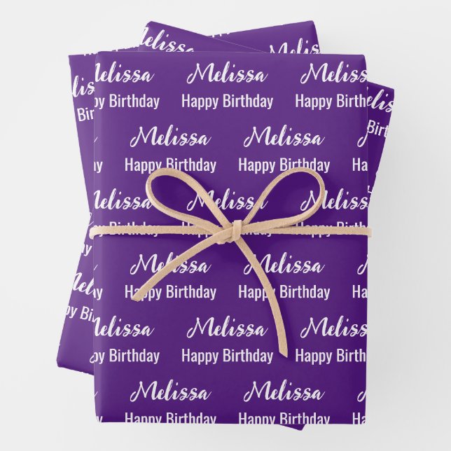 Happy Birthday Royal Purple and White Name Pattern Wrapping Paper Sheet (In situ)