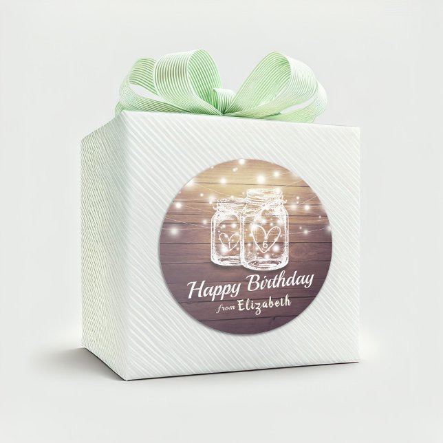 Happy Birthday Rustic Wood Mason Jar String Lights Classic Round Sticker (Creator Uploaded)