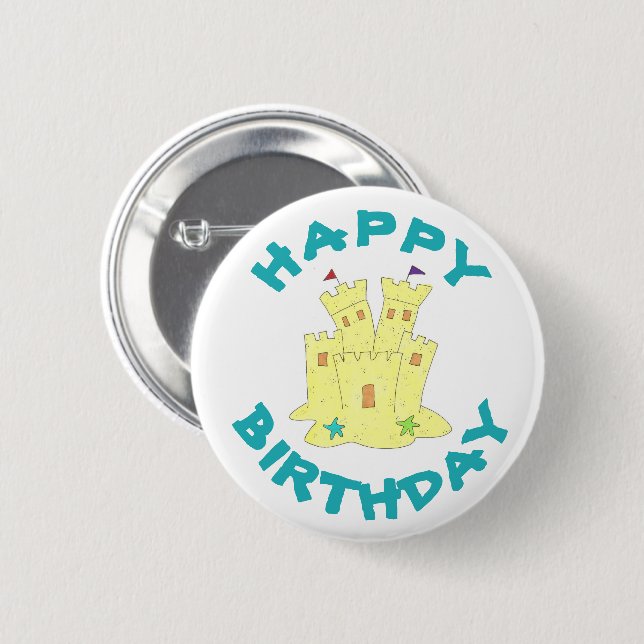 Happy Birthday Sandcastle Sand Castle Beach Party 2 Inch Round Button (Front & Back)