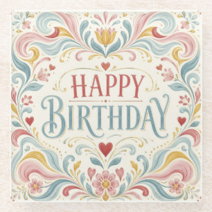 Happy Birthday Scandinavian Folk Art Floral Swirls Glass Coaster