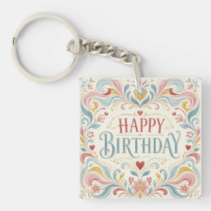 Happy Birthday Scandinavian Folk Art Floral Swirls Keychain