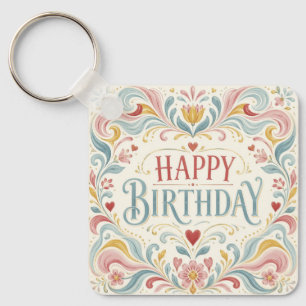 Happy Birthday Scandinavian Folk Art Floral Swirls Keychain