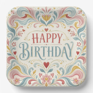 Happy Birthday Scandinavian Folk Art Floral Swirls Paper Plate