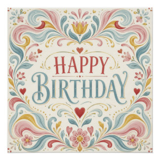 Happy Birthday Scandinavian Folk Art Floral Swirls Poster