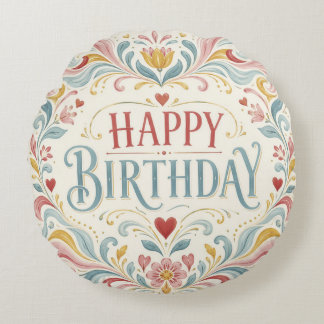 Happy Birthday Scandinavian Folk Art Floral Swirls Round Pillow